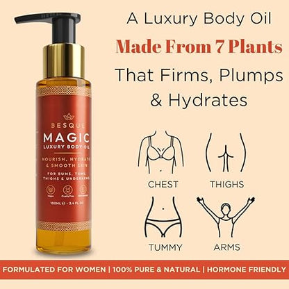 Besque Original Magic Body Oil, 3.4 FL OZ, After Shower Body Oil For Women, Hydrating Skin Care For Full Body That Plumps, Tightens, & Firms Skin With Natural Ingredients, Luxury Spa Gifts - Pack of 1
