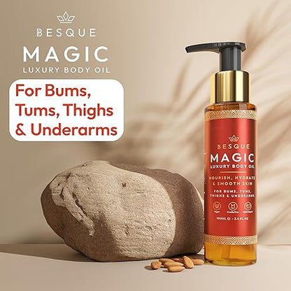 Besque Original Magic Body Oil, 3.4 FL OZ, After Shower Body Oil For Women, Hydrating Skin Care For Full Body That Plumps, Tightens, & Firms Skin With Natural Ingredients, Luxury Spa Gifts - Pack of 1