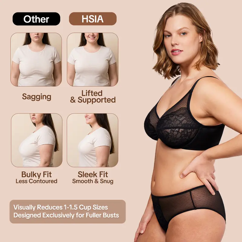 💞50K+ SOLD!👙HSIA Enchante Floral Lace Plus Size Underwire Unlined Unpadded Minimizer Full Coverage Bra Women's Wear Comfortable Breathable Mesh Cup-5