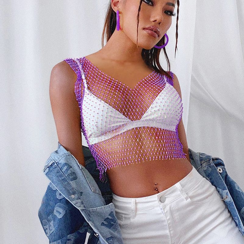 Fascinating Rhinestone-Embellished Fishnet Crop Top-1